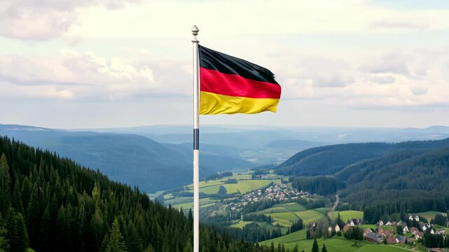 Germany flag waving against hills landscape background at sunset. National celebration and patriotism concept. Democratic elections. German culture