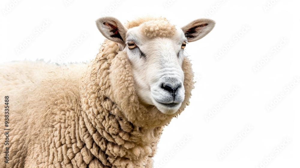 Poster a close-up shot of a sheep's face on a white background