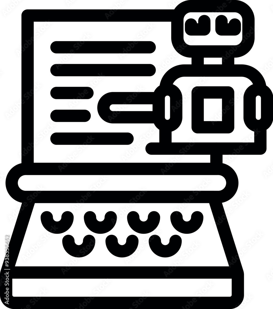 Poster robot is writing text on a typewriter, symbolizing the concept of artificial intelligence and its ro