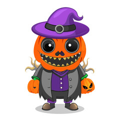 Eerie Encounter: Vibrant Purple and Orange Colors, Playful and Attractive Cartoon Illustration Ideal for Children's Halloween Theme with a Friendly and Quirky Design Perfect for Festive Decorations.