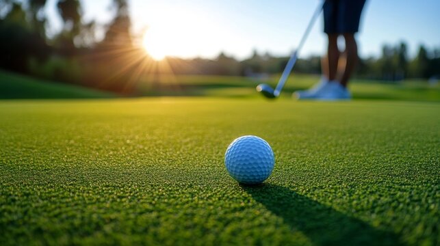 Close-up of a golfer putting on the green, with the ball approaching the hole and a concentration on the golf face