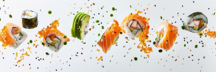 Assorted sushi rolls with fresh avocado, salmon, roe, and sesame seeds on a white background. Vibrant ingredients and creative presentation