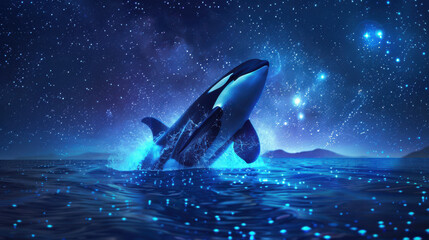 Obraz premium An artistic photograph of an orca breaching in a bioluminescent ocean at night, the water glowing with blue lights as the orca emerges, creating a surreal, magical atmosphere