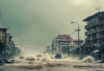 Fototapeta premium Tsunami hits city, giant sea waves attack buildings.