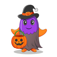 Playful and Quirky Cartoon Ghost Illustration in Vibrant Purple and Orange Colors, Perfect for Children's Halloween Theme and Festive Decor, Friendly Design for Kids' Spooky Celebrations and Costume P