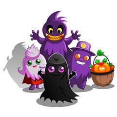 Playful and Quirky Cartoon Ghost Illustration in Vibrant Purple and Orange Colors with Friendly Design, Perfect for Children's Halloween Celebrations, Spooky Decorations, and Festive Party Themes