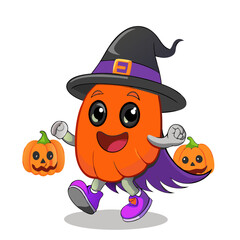 Spooky Specter Serenades: Ghost with Pumpkins in Vibrant Purple and Orange. Playful Cartoon Illustration, Ideal for Children's Halloween Theme with Friendly and Quirky Design.