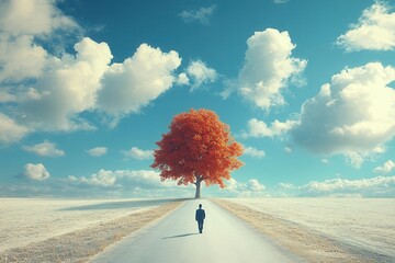 A solitary figure walks down a road towards a vibrant red tree under a blue sky dotted with clouds. Serenity and solitude in a dreamlike landscape.