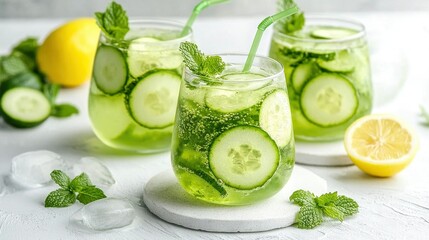   Glasses with cucumbers and lemons surrounded by ice and wedges