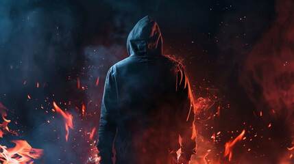 A person wearing a dark hoodie stands amidst a fiery background of red and blue flames.