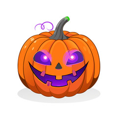 Fototapeta premium Glowing Jack-o'-Lantern: Vibrant Purple and Orange Colors in Playful Cartoon Illustration, Ideal for Children's Halloween Theme with Friendly and Quirky Design.