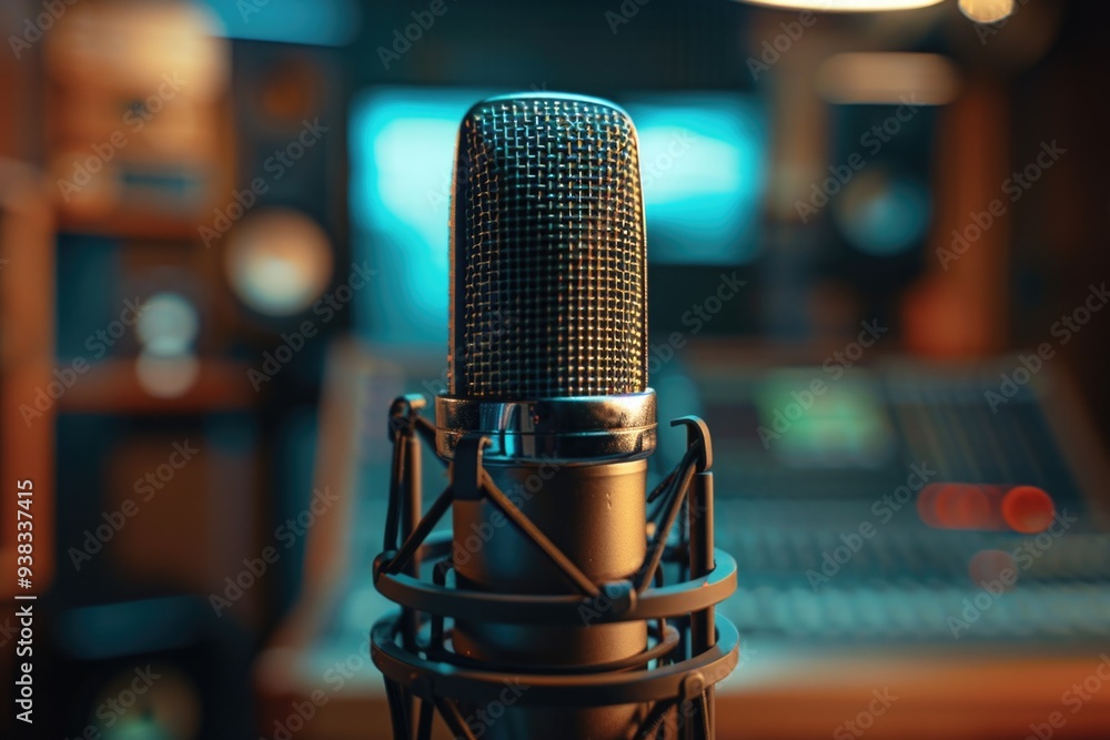 Poster microphone and laptop setup in a recording studio