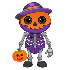 Playful and attractive cartoon illustration of a purple and orange skeleton, perfect for children's Halloween themes, featuring a friendly and quirky design ideal for festive decorations and fun party