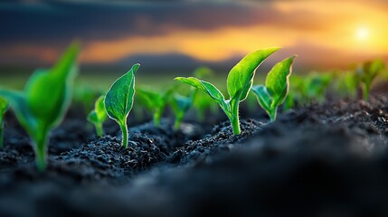 Fototapeta premium A close-up of green plants thriving in soil under a sunlit sky
