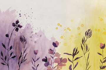 AI generated watercolor smooth gradient background with soft pastel colors like purple and yellow with abstract botanical elements. Paper texture.