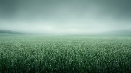  Green grass field with foggy sky and lone tree in foreground