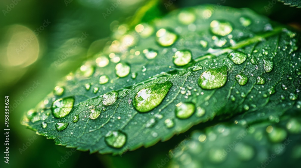 Poster Close-up of a leaf with fresh water droplets after a rain, capturing the texture and transparency of the droplets
