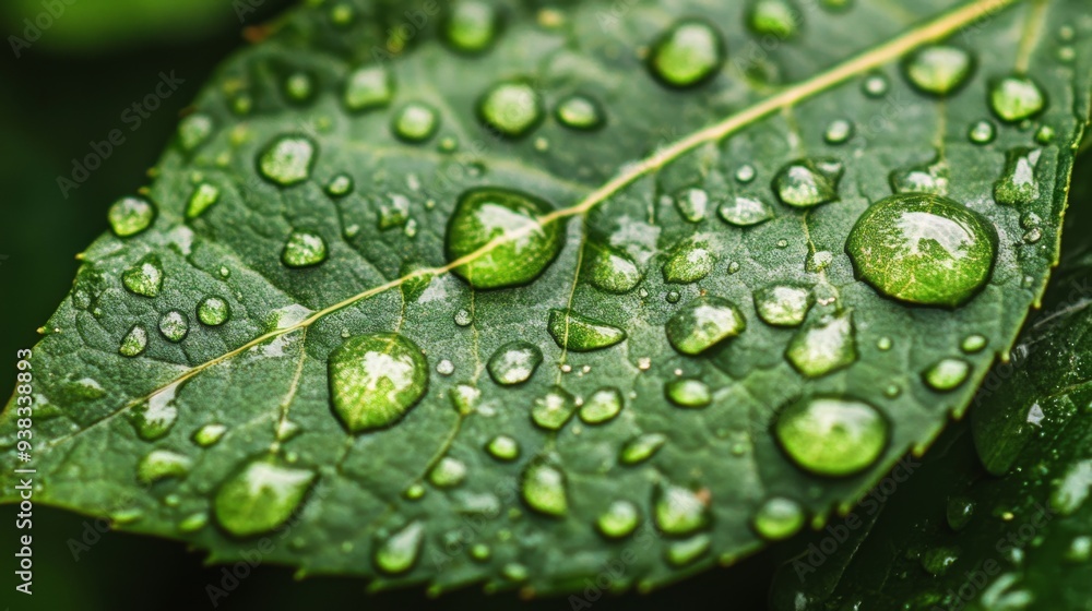 Poster Close-up of a leaf with fresh water droplets after a rain, capturing the texture and transparency of the droplets
