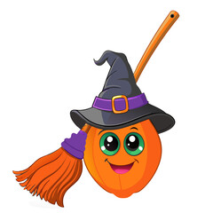 Obraz premium Playful Witch's Broom in Vibrant Orange, Purple, and Pink Colors: Cartoon Illustration Ideal for Children's Halloween Theme, Featuring Friendly and Quirky Design.