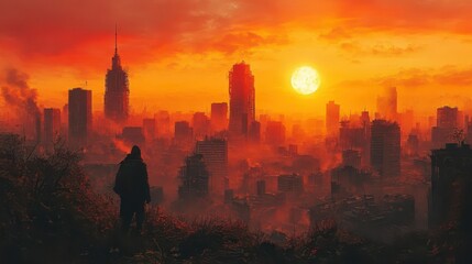 Fototapeta premium postapocalyptic cityscape with crumbling skyscrapers overgrown vegetation reclaiming streets and a lone figure silhouetted against a hazy orange sky