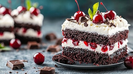   A cherry-topped cake with chocolate chips scattered around
