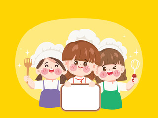 Cute chef woman in uniform character holding a Whisk. Design for sticker label design.