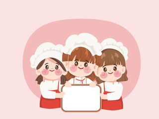 Cute chef woman character welcome to food restaurant logo cartoon art illustration