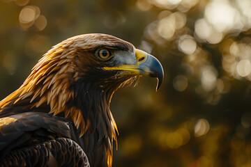 Fototapeta premium Majestic golden eagle looking to the side, with a penetrating gaze and striking plumage on a warm and blurred background, embodying the power, beauty and imposing essence of nature.