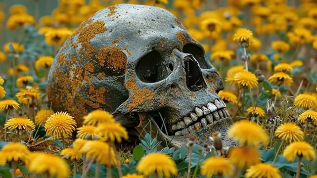 A human skeleton is found in a field meadow surrounded by grass, weeds and dandelions.