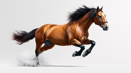 Obraz premium A magnificent horse gallops gracefully, showcasing its strength and beauty in motion against a clean, white background.