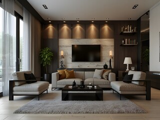 modern living room with fireplace and luxury interior 