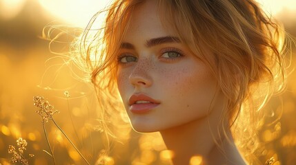 Fototapeta premium profile of ethereal young woman with delicate features soft focus portrait bathed in golden hour light wispy hair floating on gentle breeze embodying grace and serenity