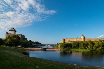 Narva fortress on the border of Estonia and Russia, unique view - the border of Europe and Asia, border of European Union and Russian Federation, fortresses on the bank of the river Narova