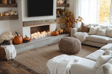 Cozy autumn living room with pumpkins and candles in a bright, inviting space