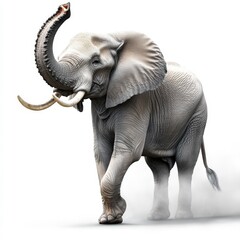 A majestic elephant walks gracefully, showcasing its impressive tusks and large ears in a serene, dust-filled environment.