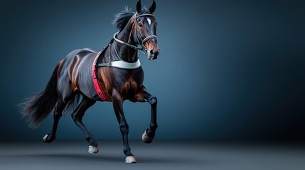 A majestic horse running gracefully against a blue backdrop, showcasing strength and elegance in motion.