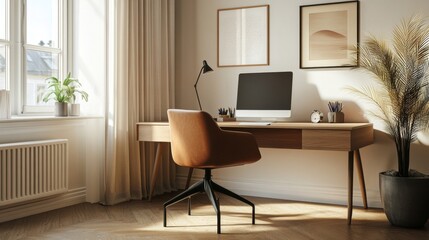 Close-up of a minimalist home office with a sleek desk, ergonomic chair, and minimalistic decor, focusing on a clean workspace