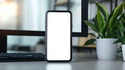 Technology Integration: Close-up of Mobile Phone with White Screen in Front of Computer Monitor