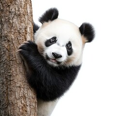 A playful panda peeks around a tree, showcasing its adorable features and inviting charm in a serene forest setting.