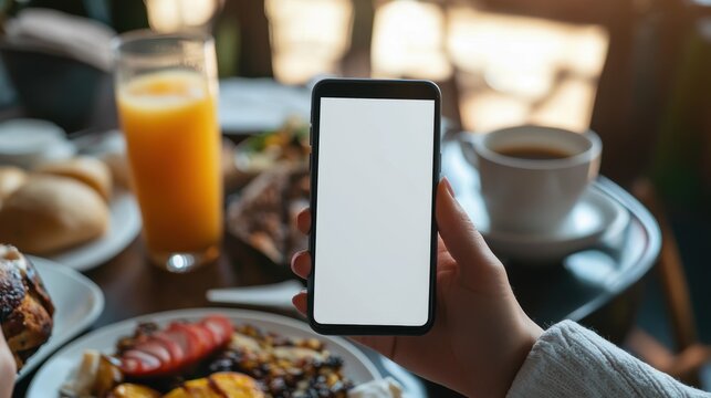 Morning Routine - Person Checking White Screen Mobile Phone While Having Breakfast at Home