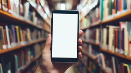Modern Technology in a Traditional Setting: Person using mobile phone with white screen in a bookstore browsing for books