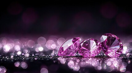   Three pink diamonds atop black surface with purple background light