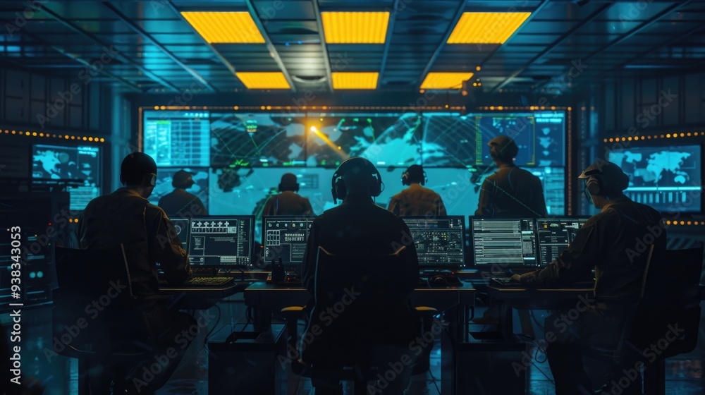 Poster Group of people working together in an office setting, focused on their computer screens