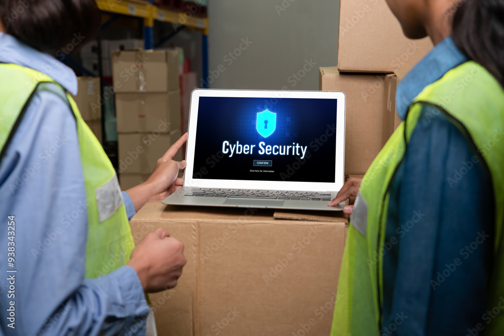 Poster cyber security system on computer screen protect private information snugly from hacker and cyber at
