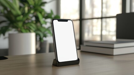 Modern Home Office Setup with White Screen Mobile Phone in Holder on Desk