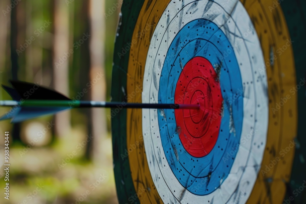 Poster A detailed view of an arrow lodged in a target, with feathers and fletching visible