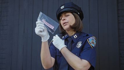 A mature woman police officer examines evidence outdoors against a dark urban backdrop.