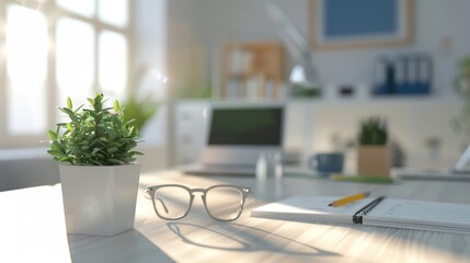 Eyeglasses sitting on my desk plant in the modern office, setting being lit by natural light.