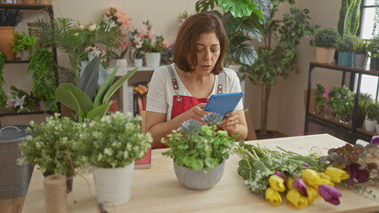 A middle-aged hispanic woman attentively uses a tablet among fresh flowers in a vibrant indoor flower shop.