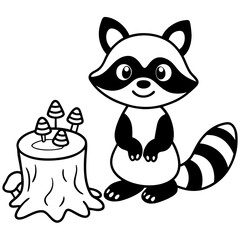 Cartoon Raccoon with Leaf by Tree Stump and Mushrooms Art vector illustration